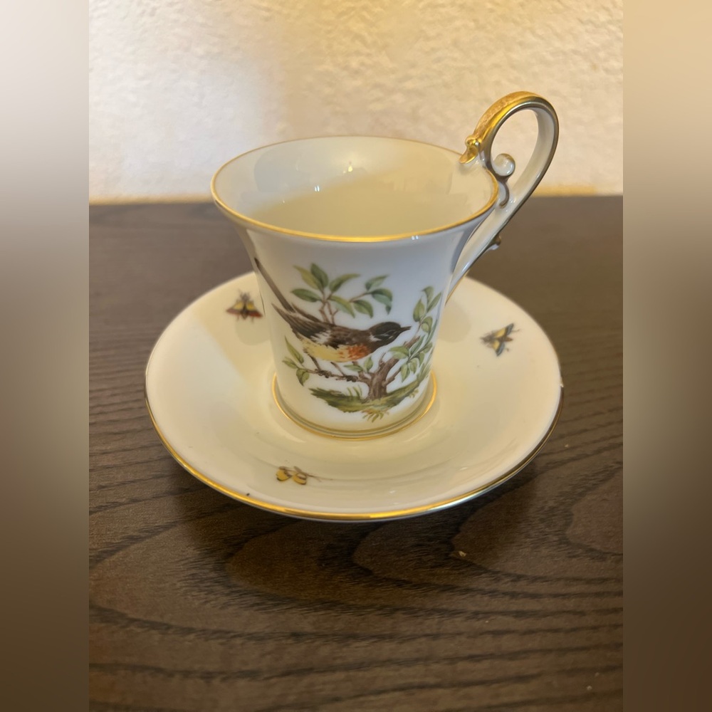 Elegant White Porcelain Bird Teacup and Saucer with Gold Trim made in germany